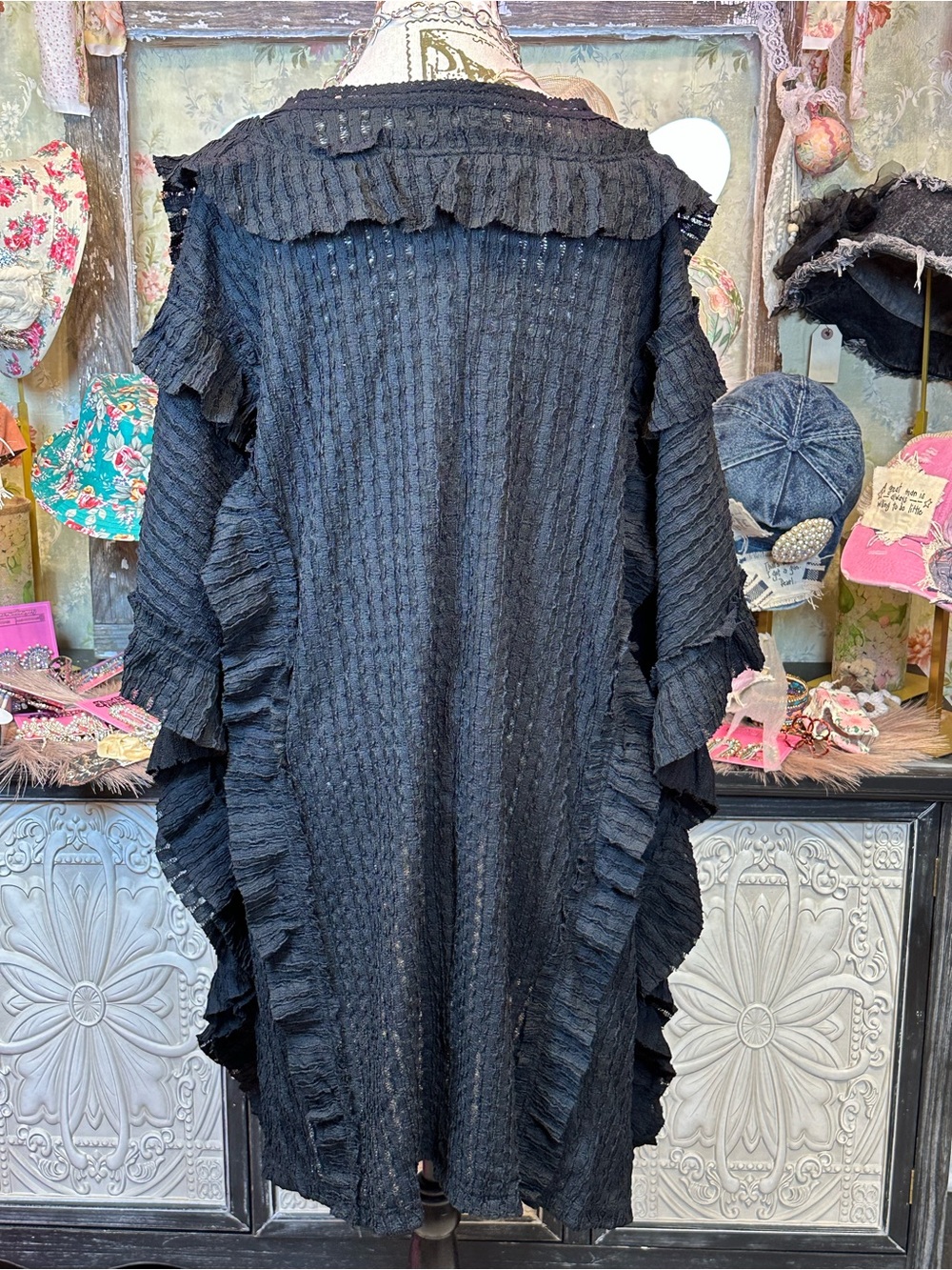 Blue Velvet Ruffle Poncho Top-Black - Picture 7 of 10